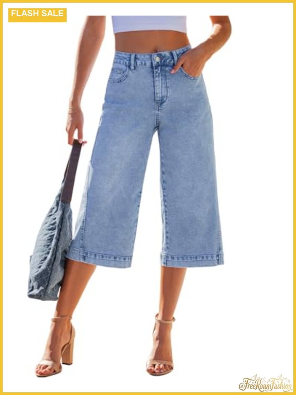 Wide Leg High Waisted Stretch Denim Capri Jeans for Women Summer Casual